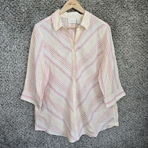 Chicos Top Womens 2 US Large Pink Striped Button Up‎ Linen No Iron Ladies Casual